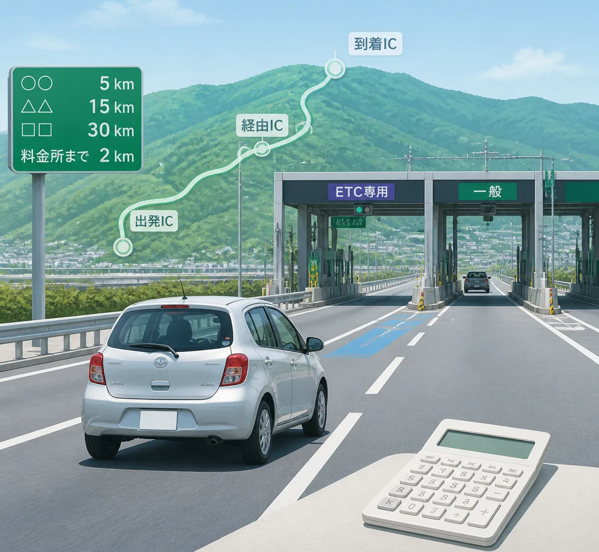 高速道路料金の計算、ETCレーン、出発ICと到着ICを示す編集イラスト